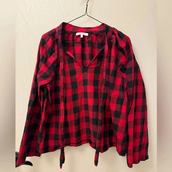 Madewell 100% cotton buffalo plaid red and black tie front blouse size S - Picture 3 of 9